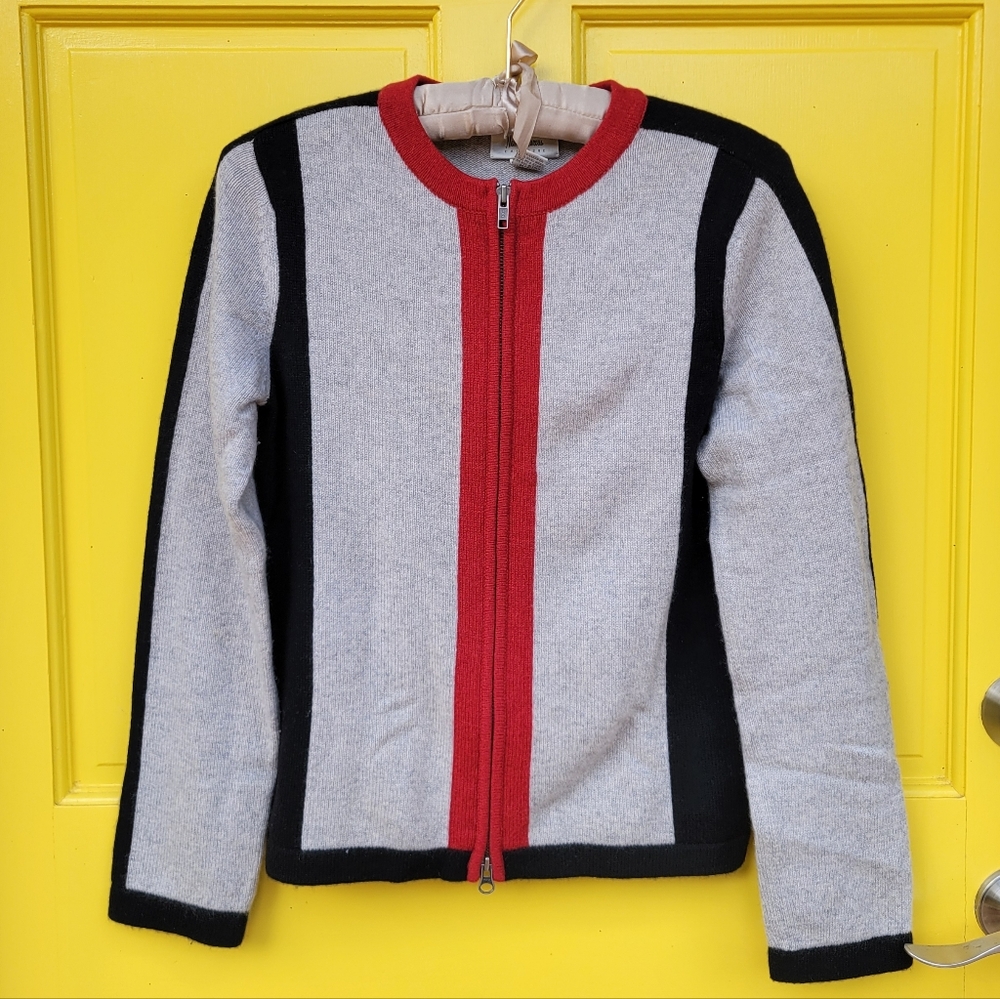Neiman Marcus 100% Cashmere Colorblock Zip Cardigan Sweater M Retro 50s Modcore